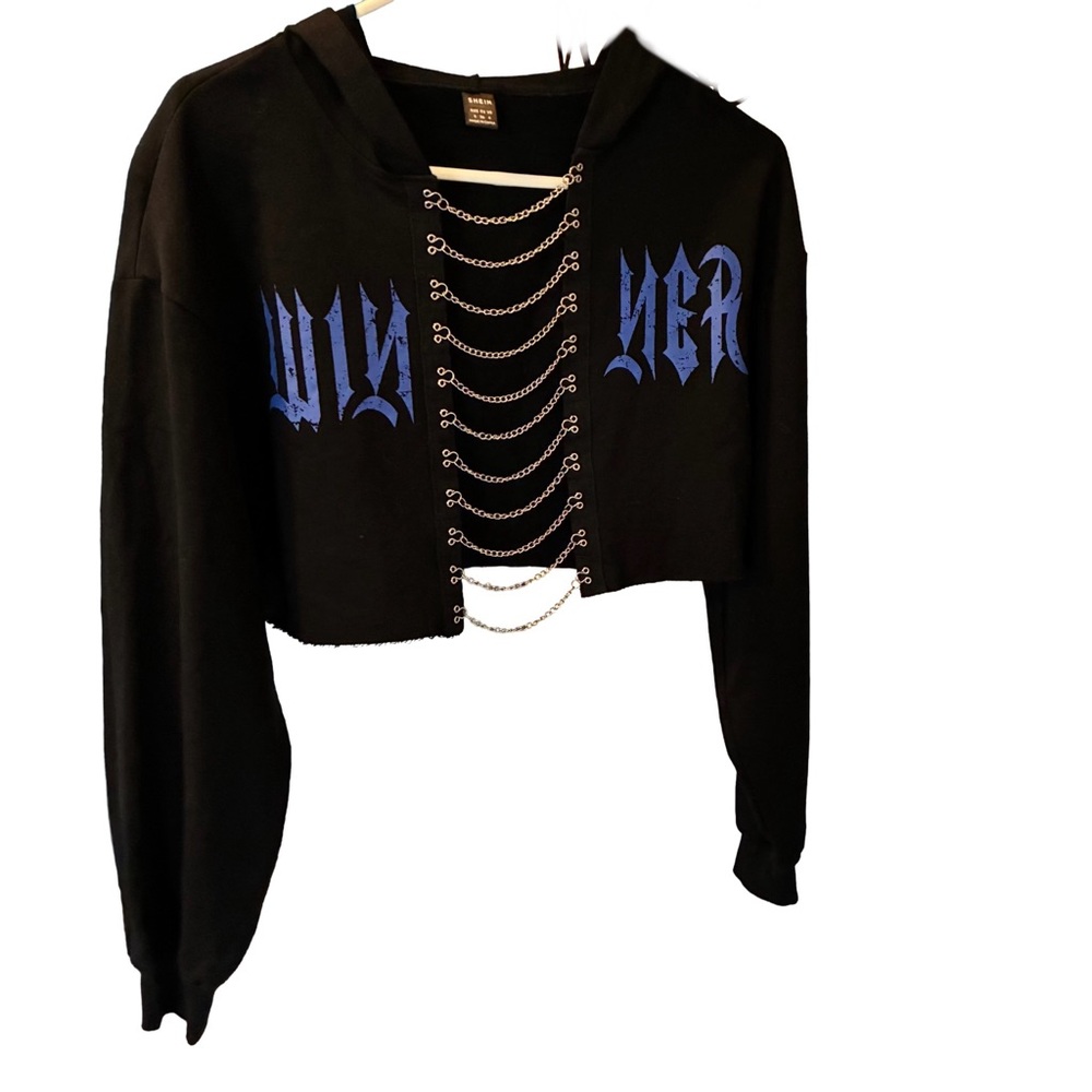 Shein Gothic Chain Hoodie • Black Cropped Punk Streetwear Top • Size Small